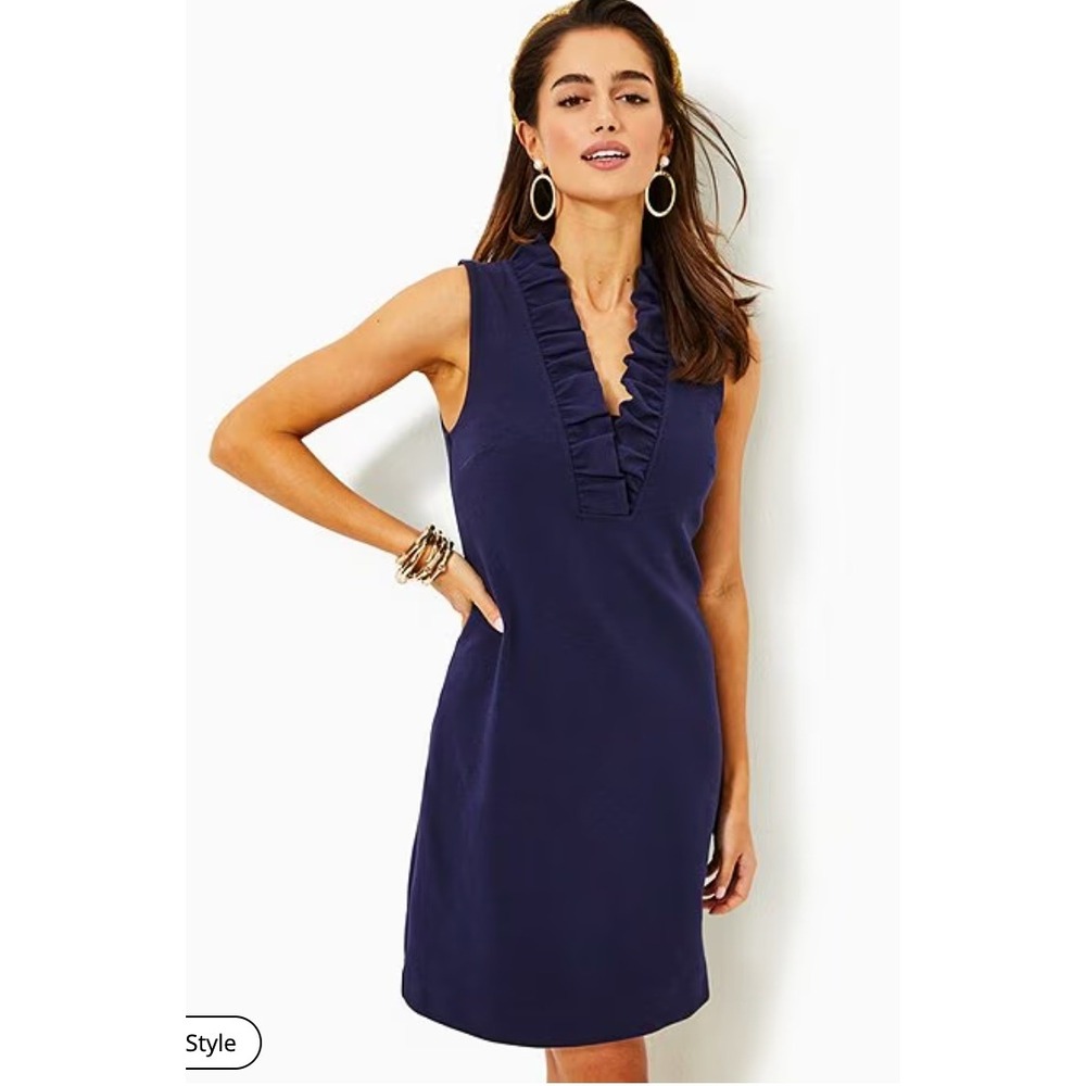 Lilly Pulitzer Tisbury Knit‎ V-Neck Sleeveless Ruffle Sheath Dress In Navy sz XS